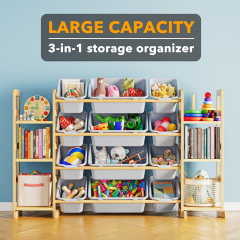SpaceAid neutral gray bins shown in a versatile bedroom or playroom