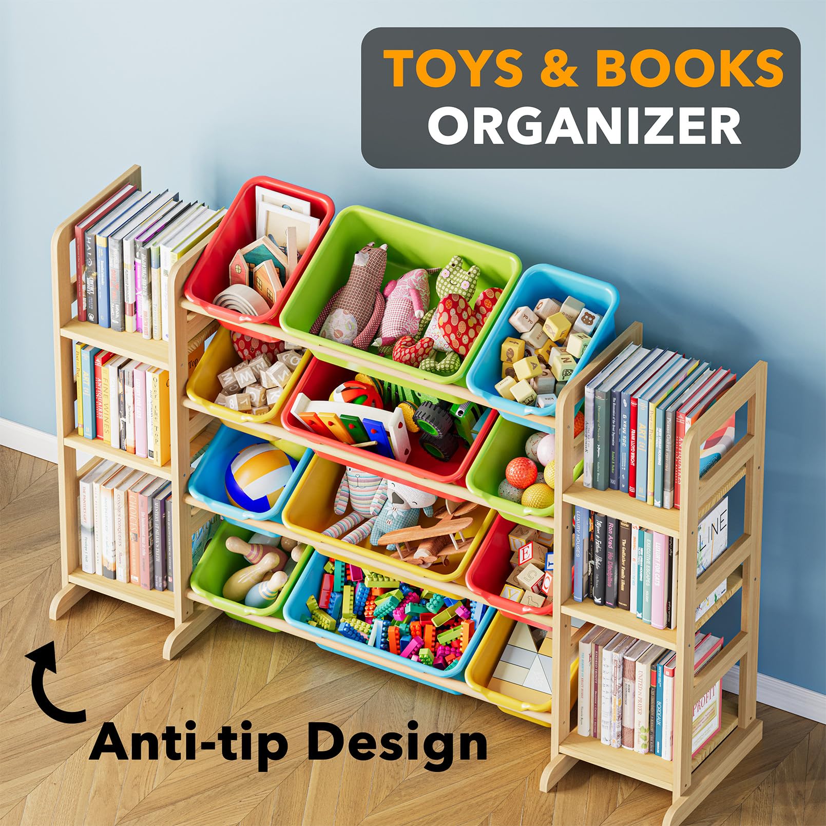 SpaceAid kids bookshelf and bin shelf offers easy access to favorites.
