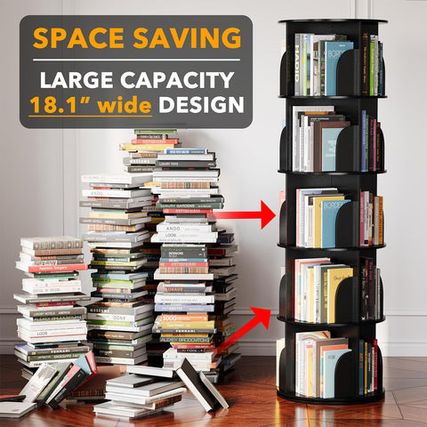 SpaceAid rotating bookshelf tower 360-view shows full-circle access for easy browsing.