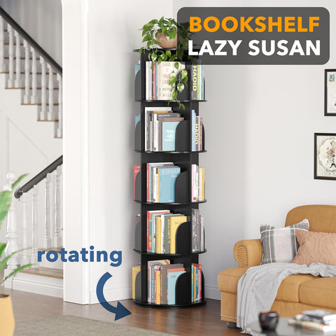 SpaceAid rotating bookshelf tower in black finish emphasizes space-saving, modern style.