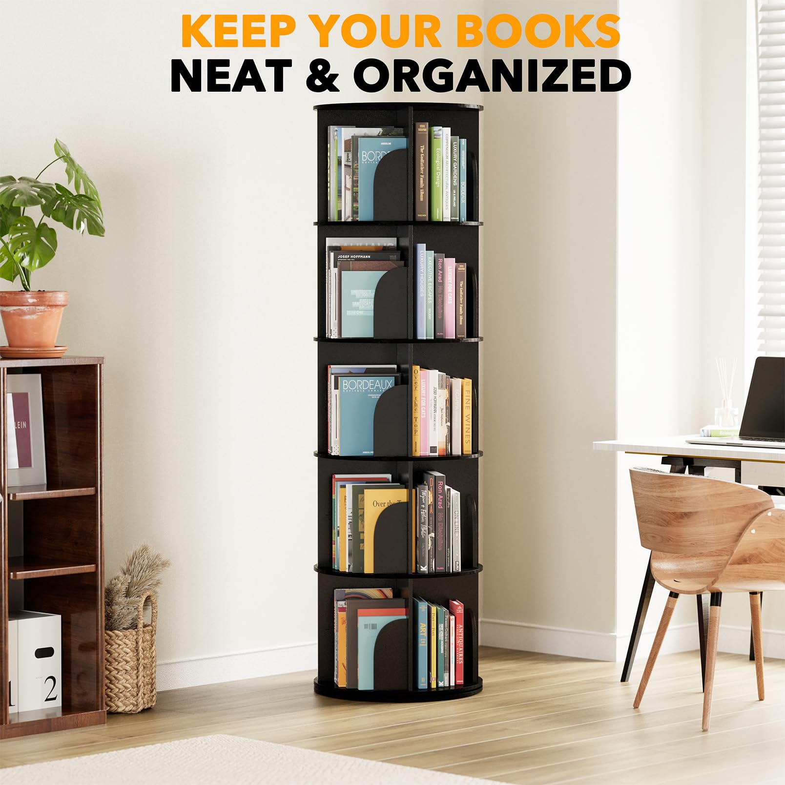 SpaceAid rotating bookshelf tower height dimension clarifies its tall, corner-friendly footprint.