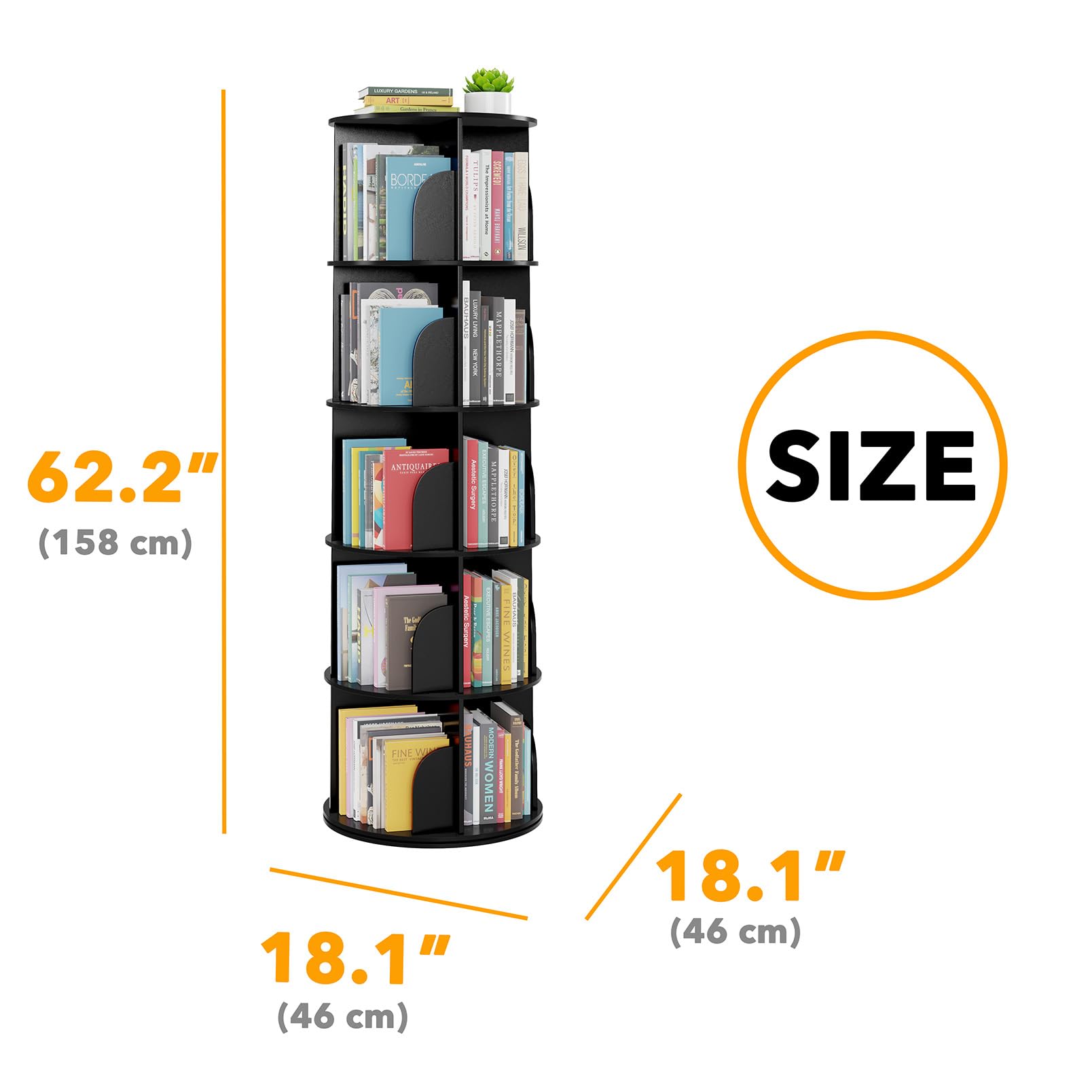SpaceAid rotating bookshelf tower in living room illustrates practical, clutter-free storage.