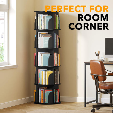 SpaceAid rotating bookshelf tower side angle highlights compact footprint in small spaces.