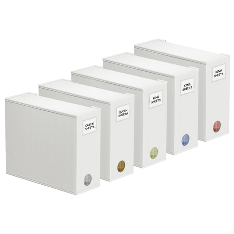 SpaceAid sheet organizer with window front helps identify color at a glance for quick closet edits.