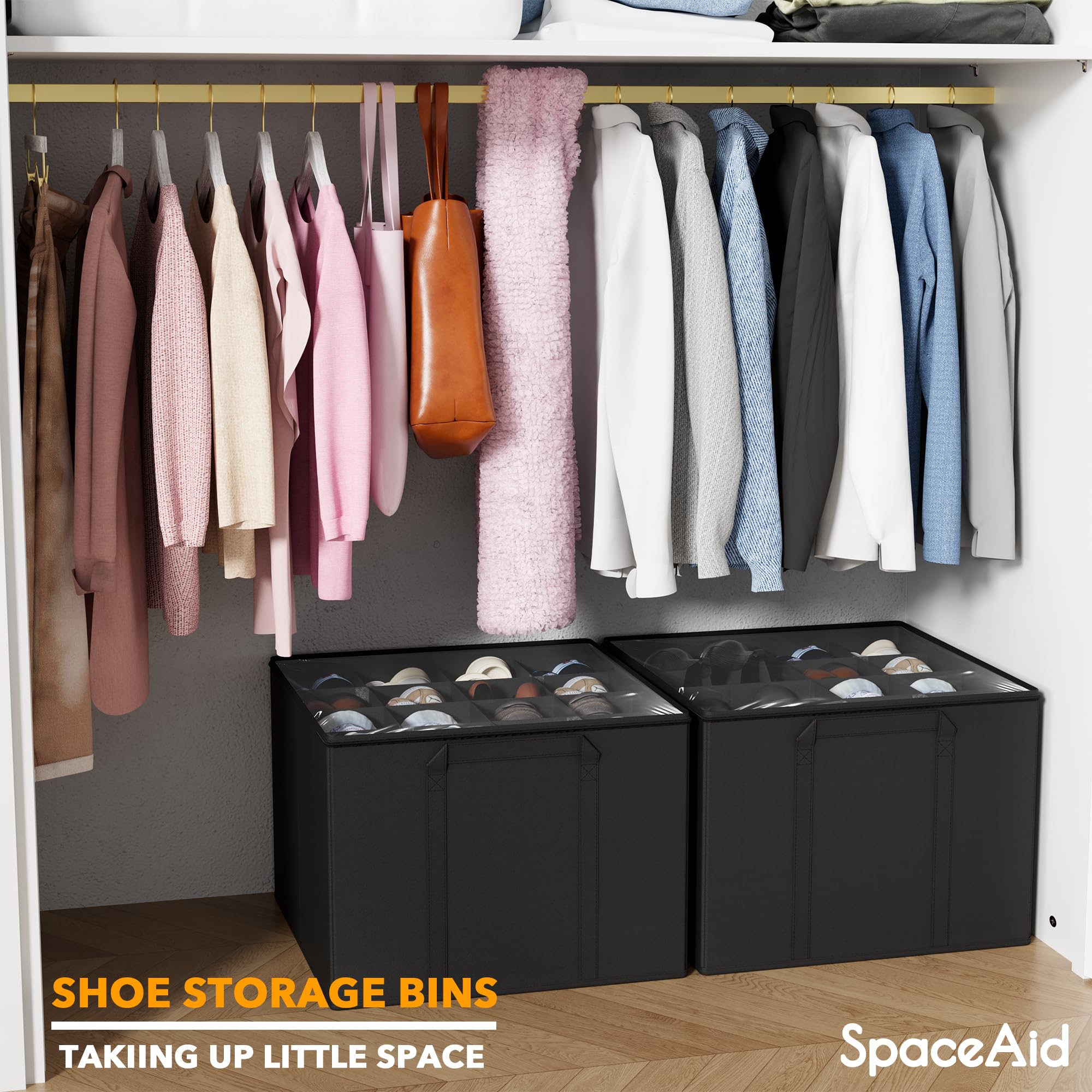 SpaceAid two-pack in closet or dorm setting helps maintain seasonal footwear order.