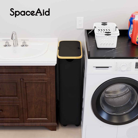 SpaceAid bamboo-handle slim hamper for comfortable carrying