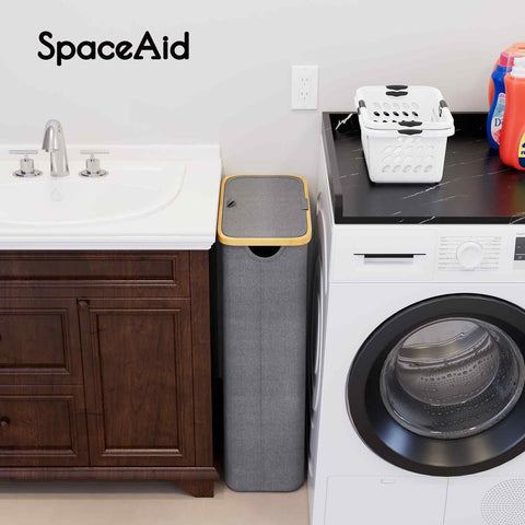 SpaceAid Slim Laundry Hamper stands upright with bamboo frame for stable storage
