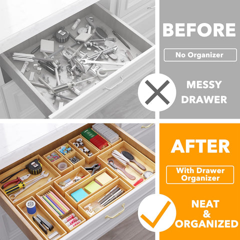 SpaceAid small bamboo drawer organizer fits utensils, cosmetics, or office supplies for tidy drawers.