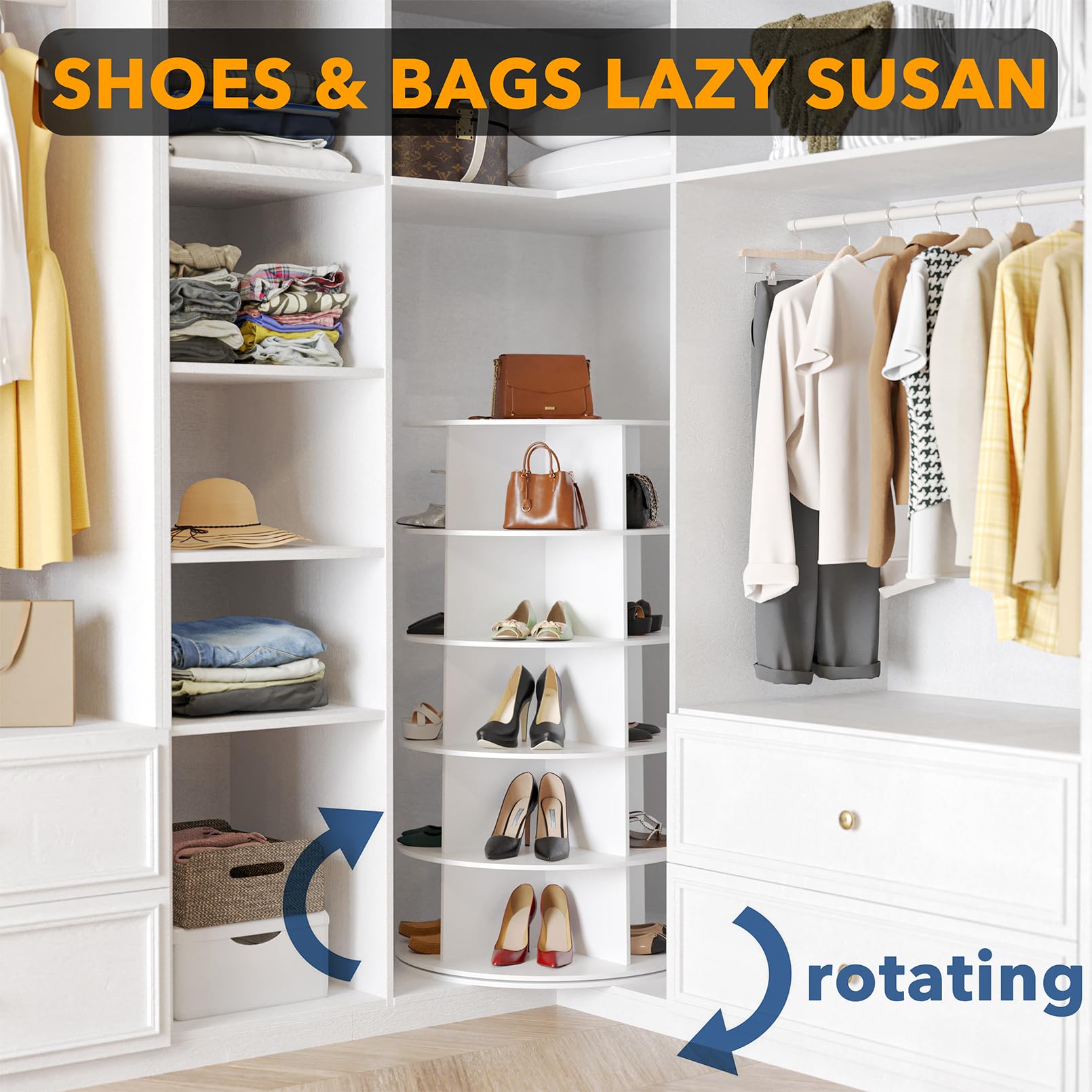 SpaceAid spin-display shoe rack 360 view emphasizes full accessibility and organization.