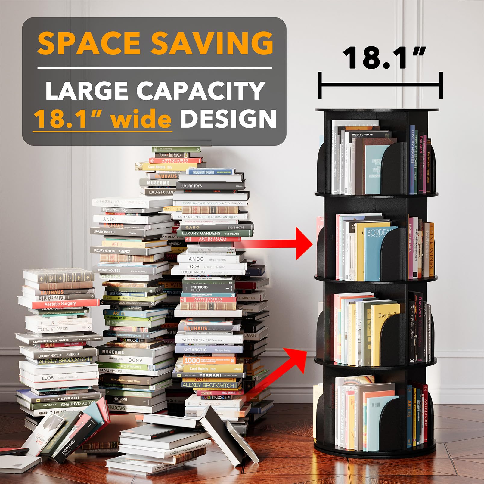 SpaceAid spinning bookcase close-up highlights easy access with lazy Susan rotation