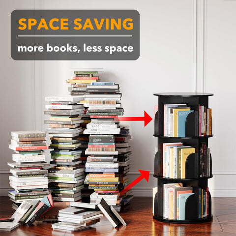 SpaceAid spinning bookcase lazy susan enables easy access to titles.