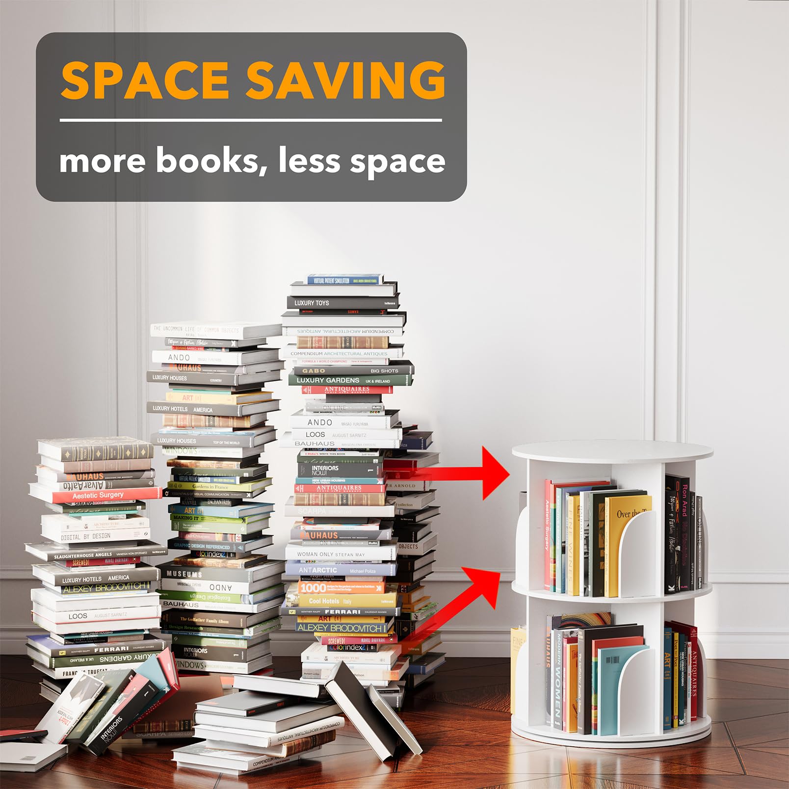 SpaceAid spinning bookcase tower assembly highlights easy setup for quick use