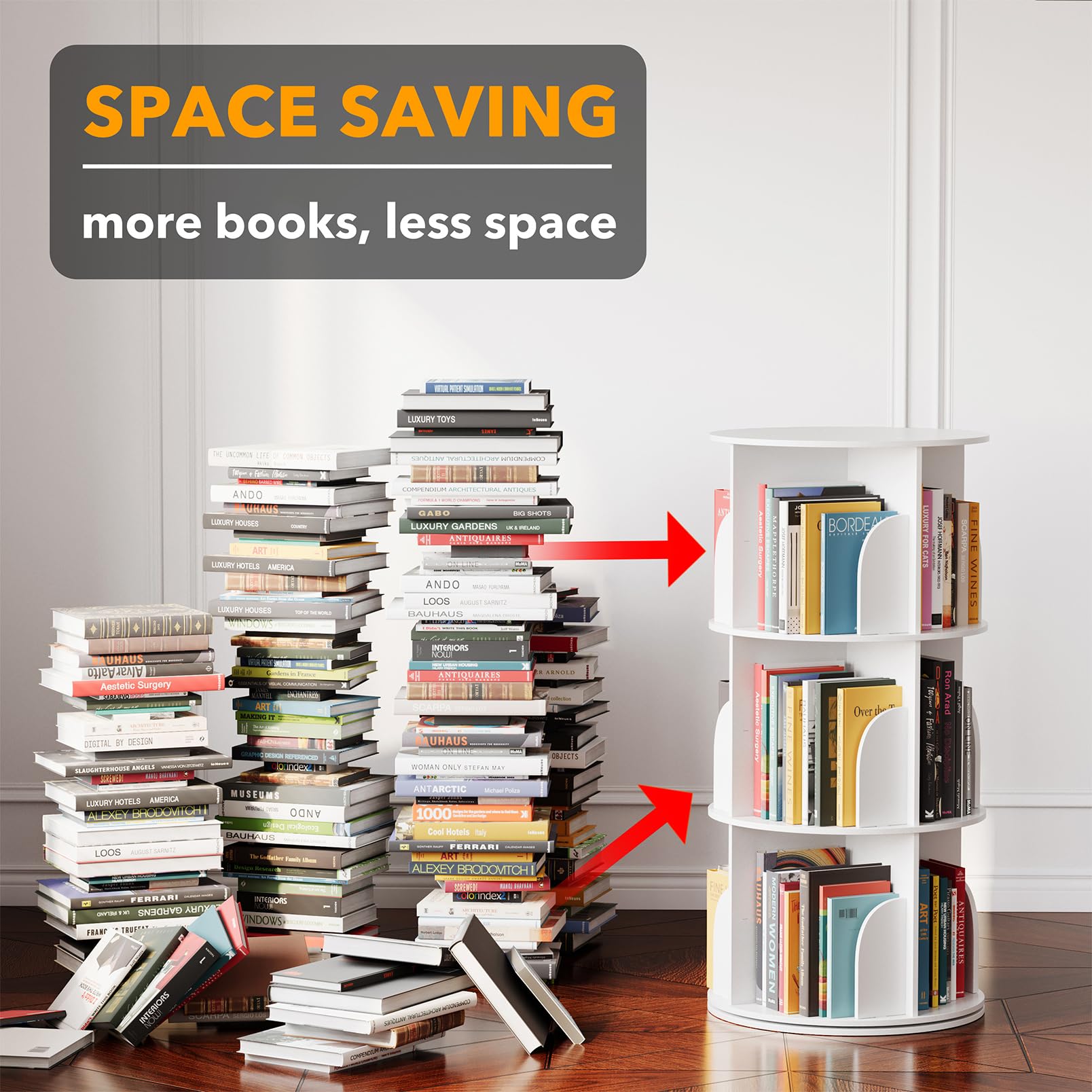 SpaceAid spinning bookcase tower side view highlights easy access to titles.
