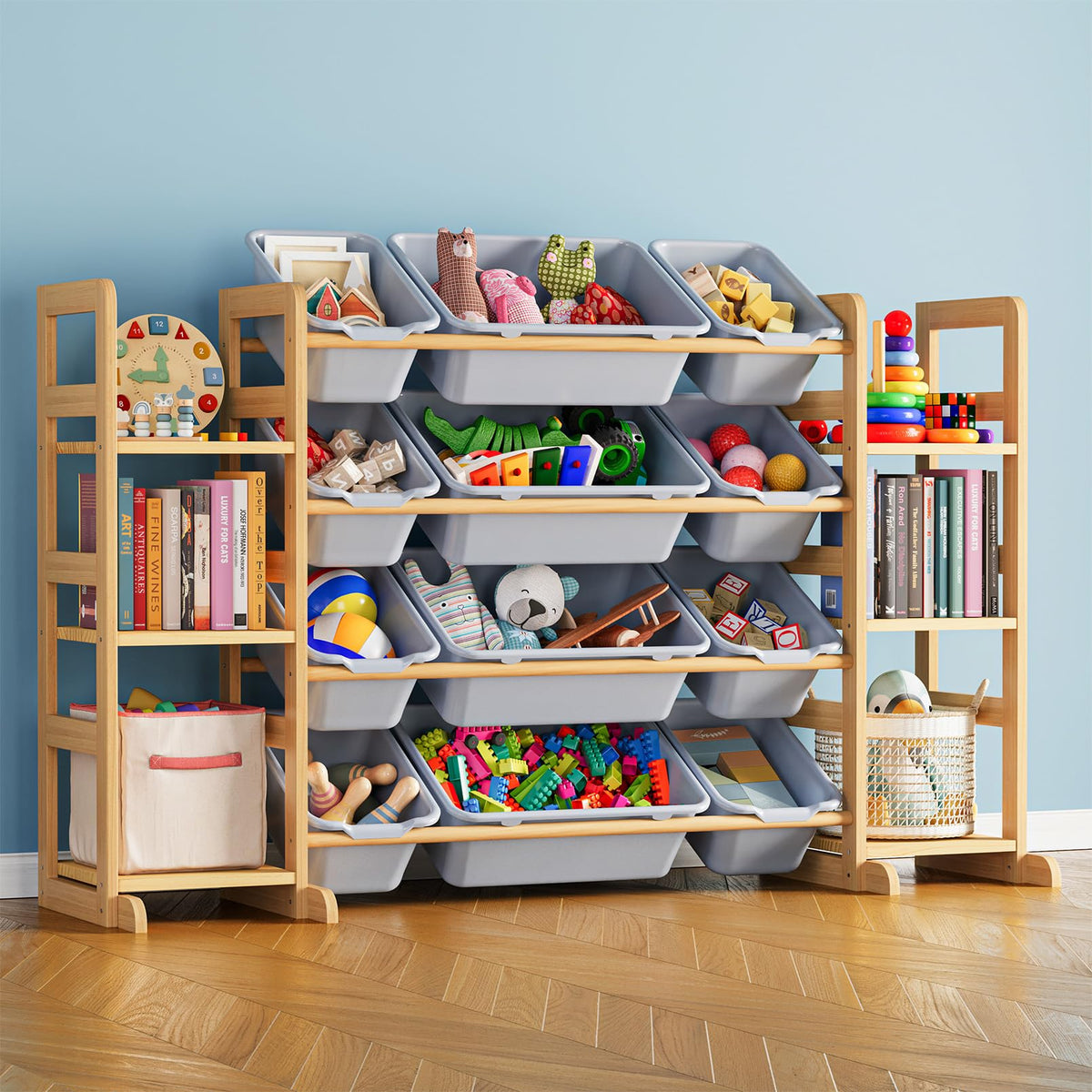 SpaceAid toy storage with six shelves and twelve bins for organized playtime