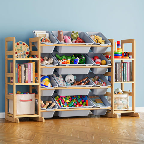 SpaceAid toy storage with six shelves and twelve bins for organized playtime