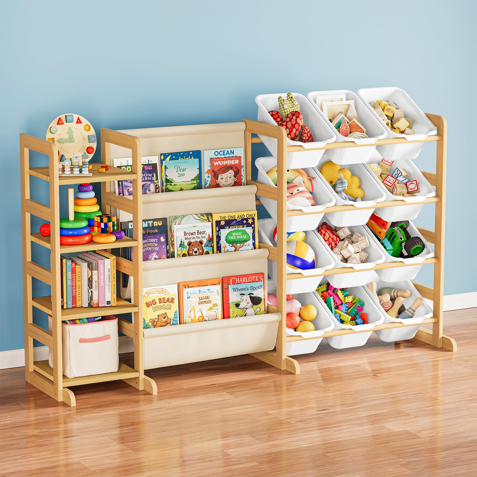 SpaceAid toy storage organizer with four shelves and twelve bins keeps playroom tidy.