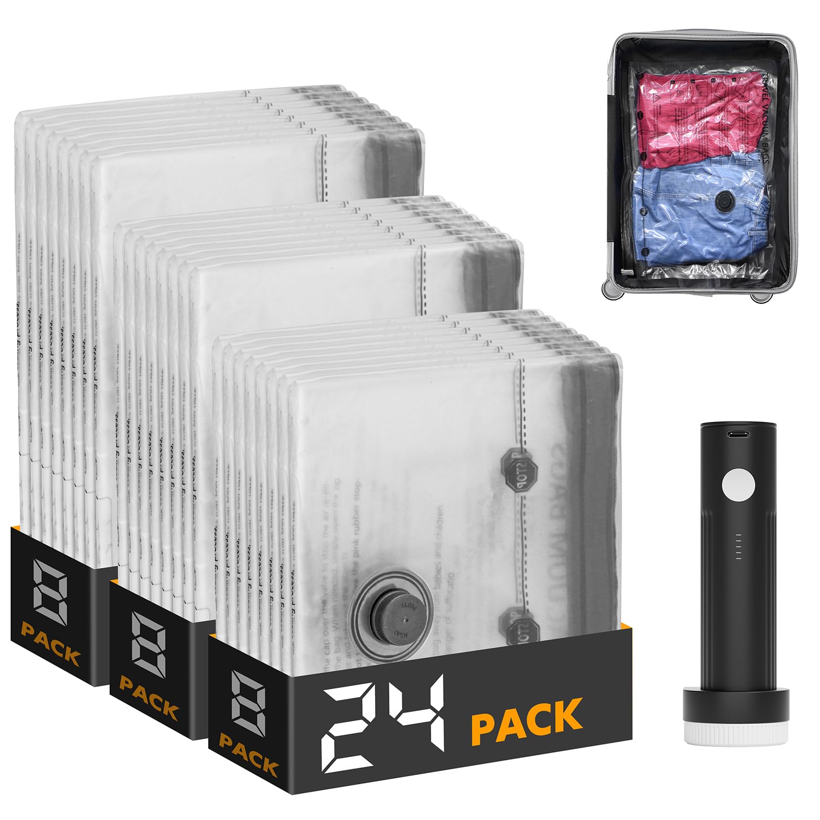SpaceAid travel vacuum bags in action with electric pump saving luggage space
