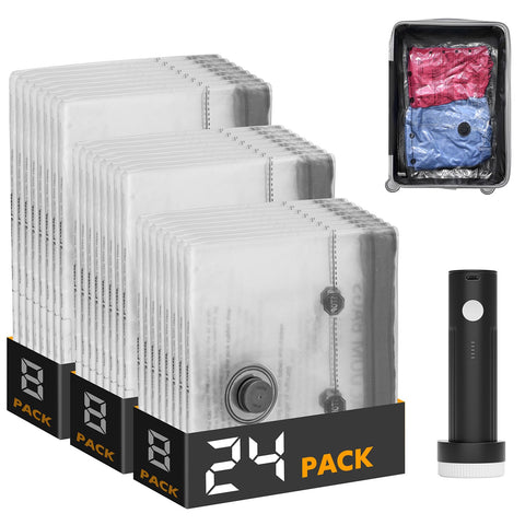 SpaceAid travel vacuum bags in action with electric pump saving luggage space
