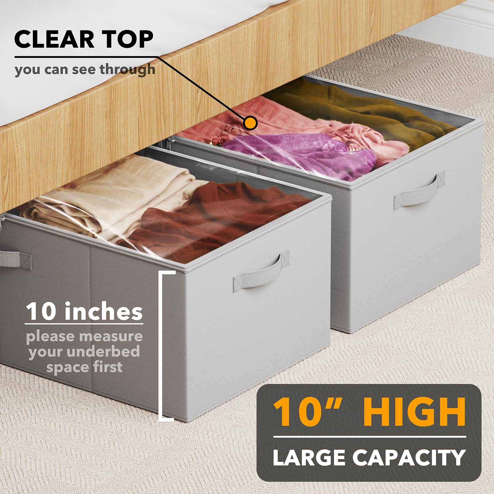 SpaceAid under-bed storage bin with an open lid for easy access to clothing.