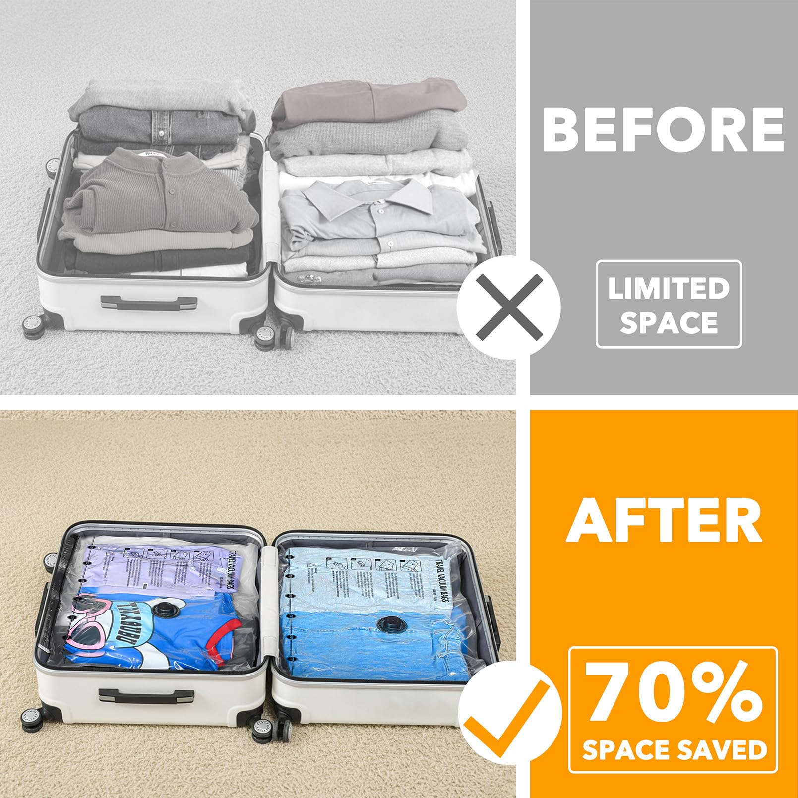 SpaceAid vacuum bags inside a suitcase with air removed for compact packing