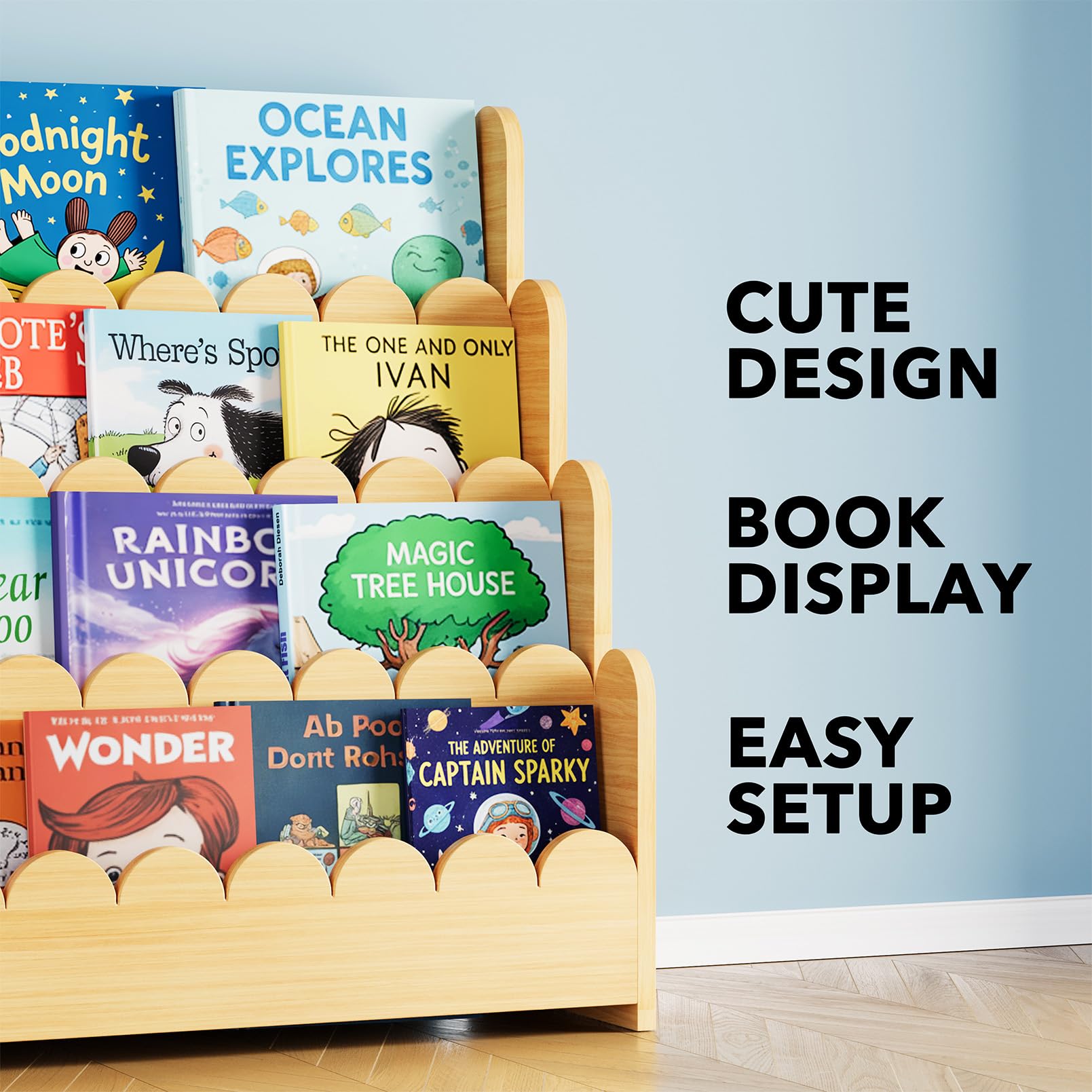 SpaceAid wooden Montessori bookcase playroom-setup with easy access.