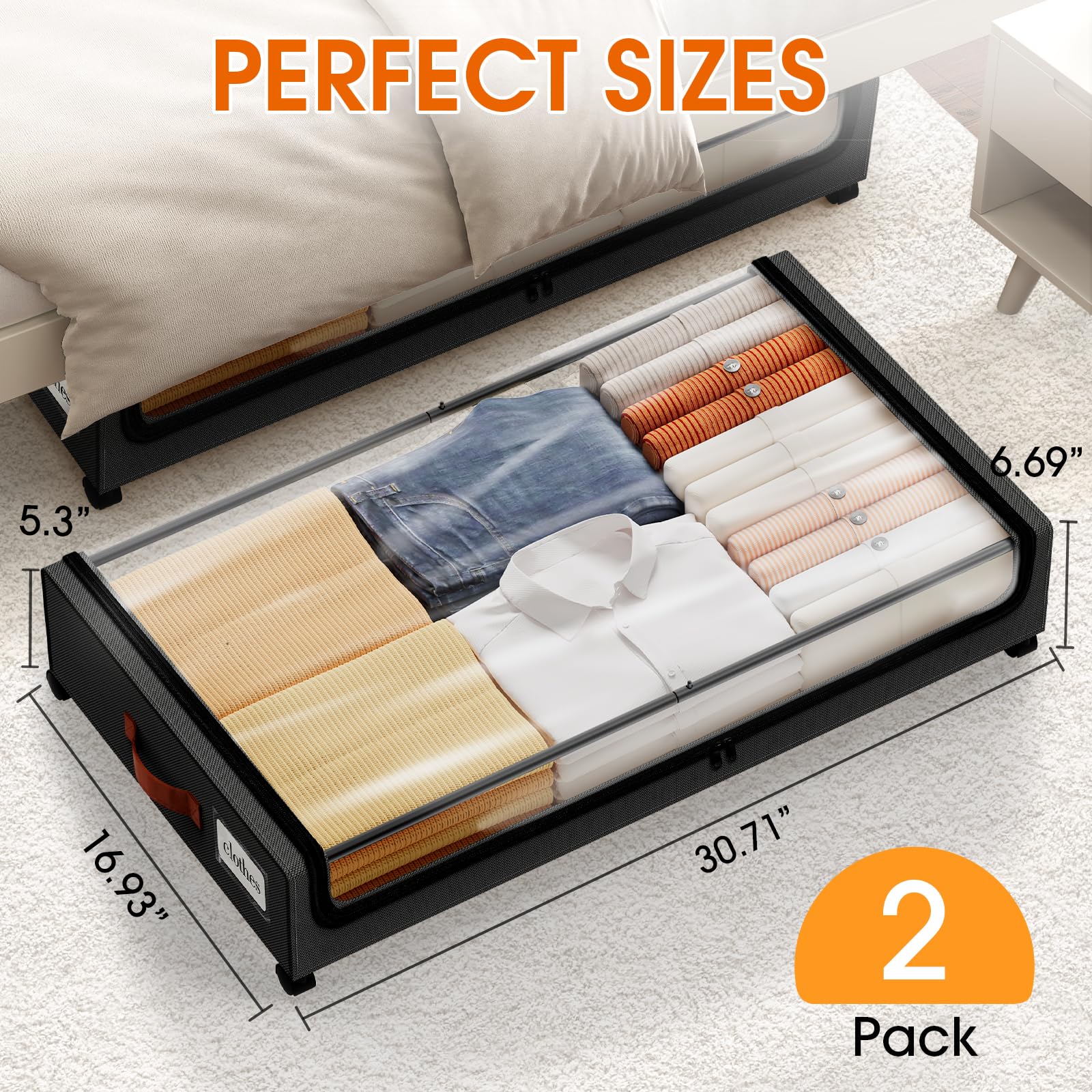 SpaceHacks rolling under-bed drawers with a clear window for quick item visibility.
