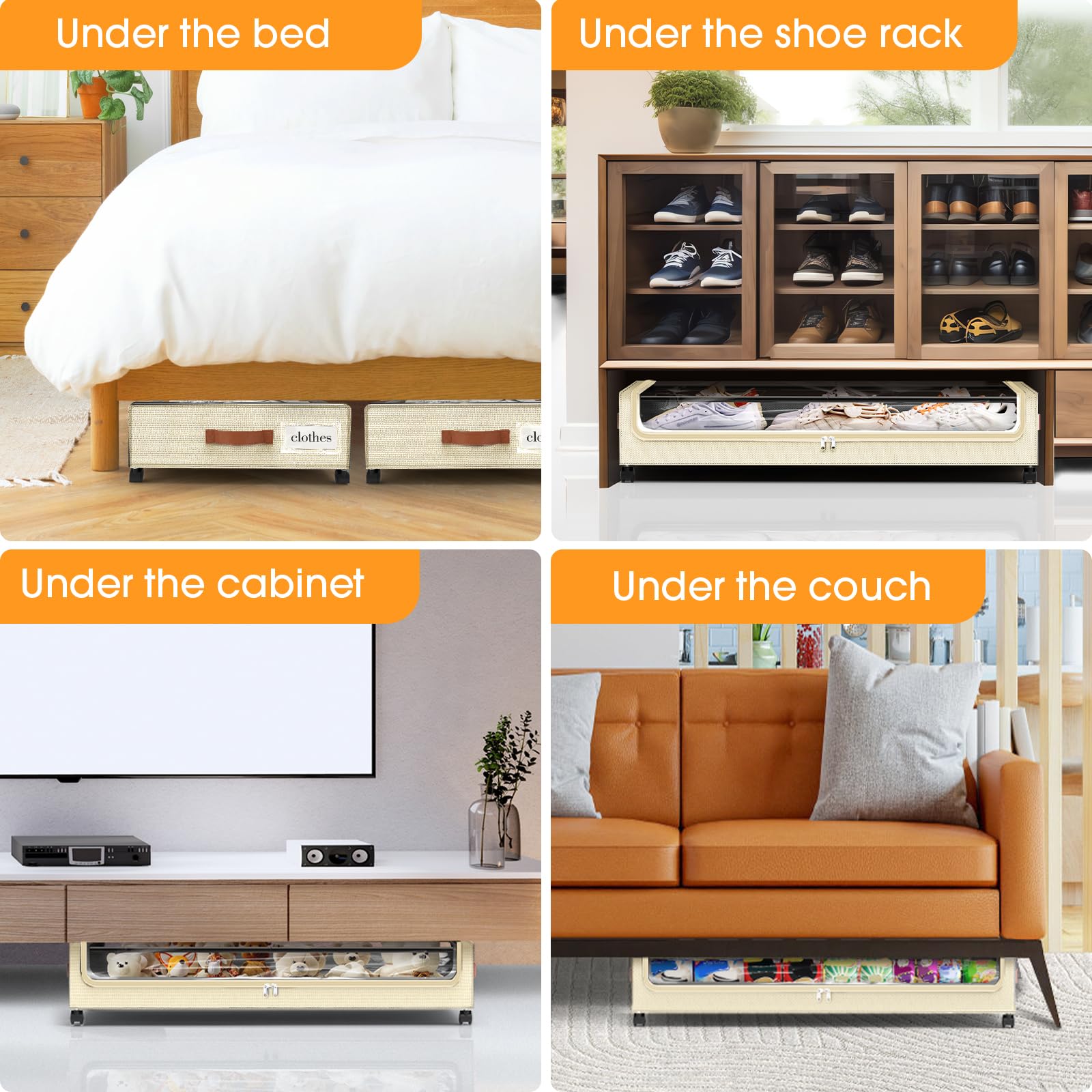 SpaceHacks multi-use under-bed storage fits under beds, sofas, and cabinets.