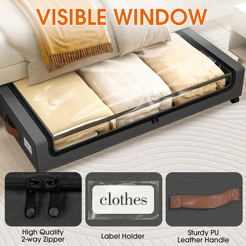 SpaceHacks under-bed container shows items with a visible window and label.