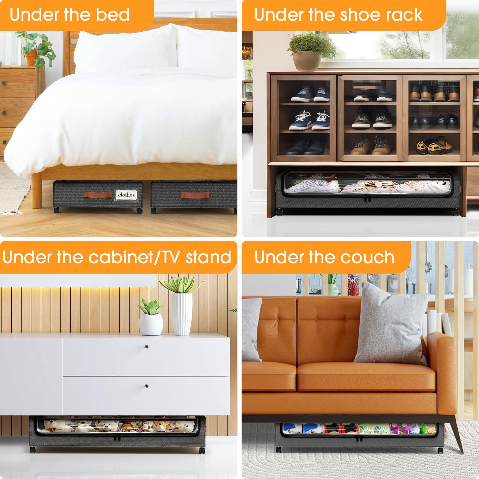 SpaceHacks under-bed storage in dark grey blends with furniture décor.
