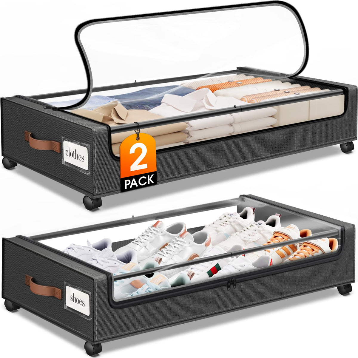 SpaceHacks under-bed storage with window and label for quick item identification.