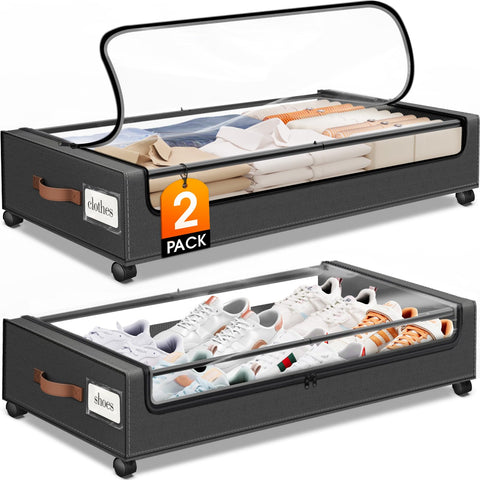 SpaceHacks under-bed storage with window and label for quick item identification.