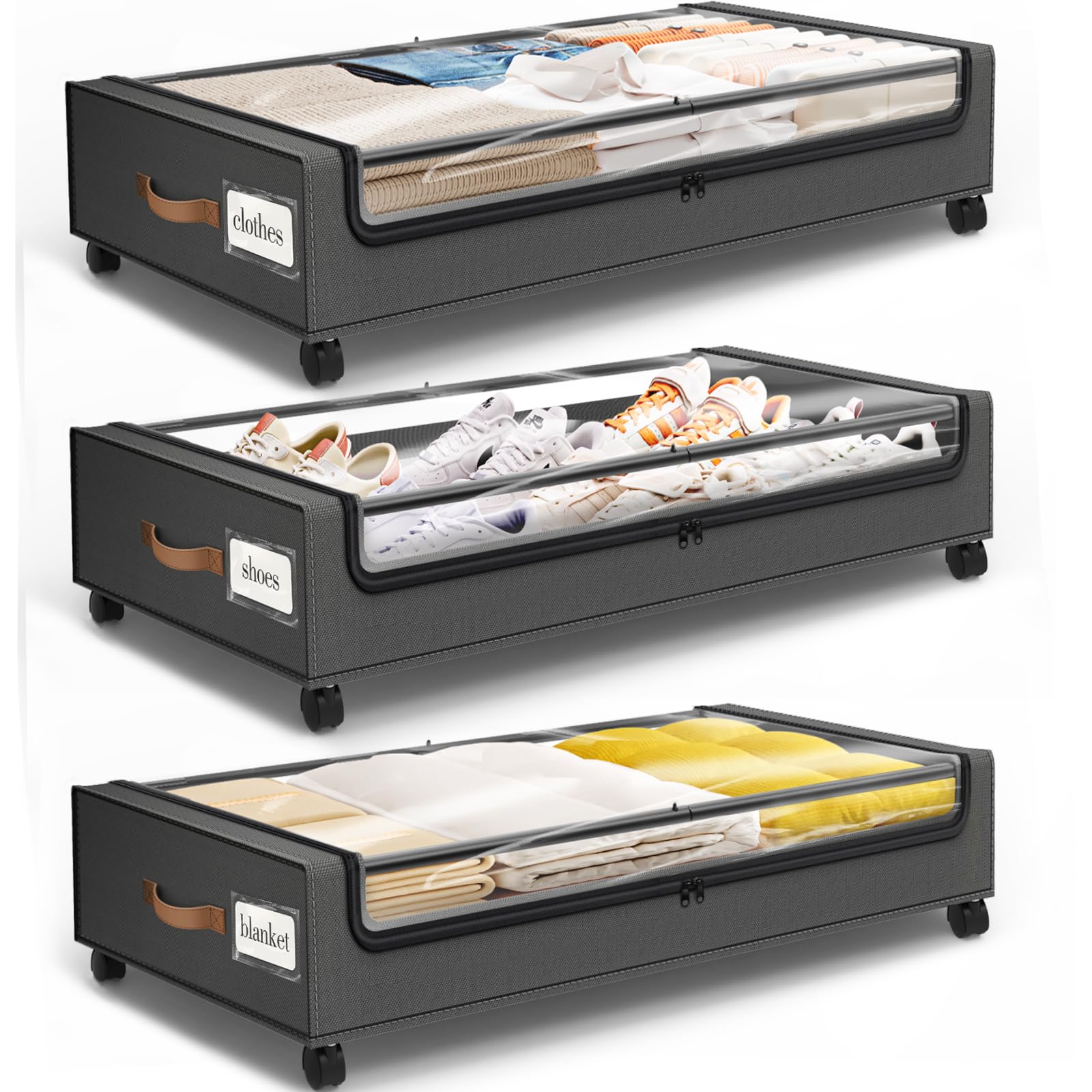 SpaceHacks under-bed storage with leather handles for easy pulling.