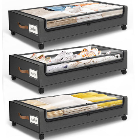 SpaceHacks under-bed storage with leather handles for easy pulling.