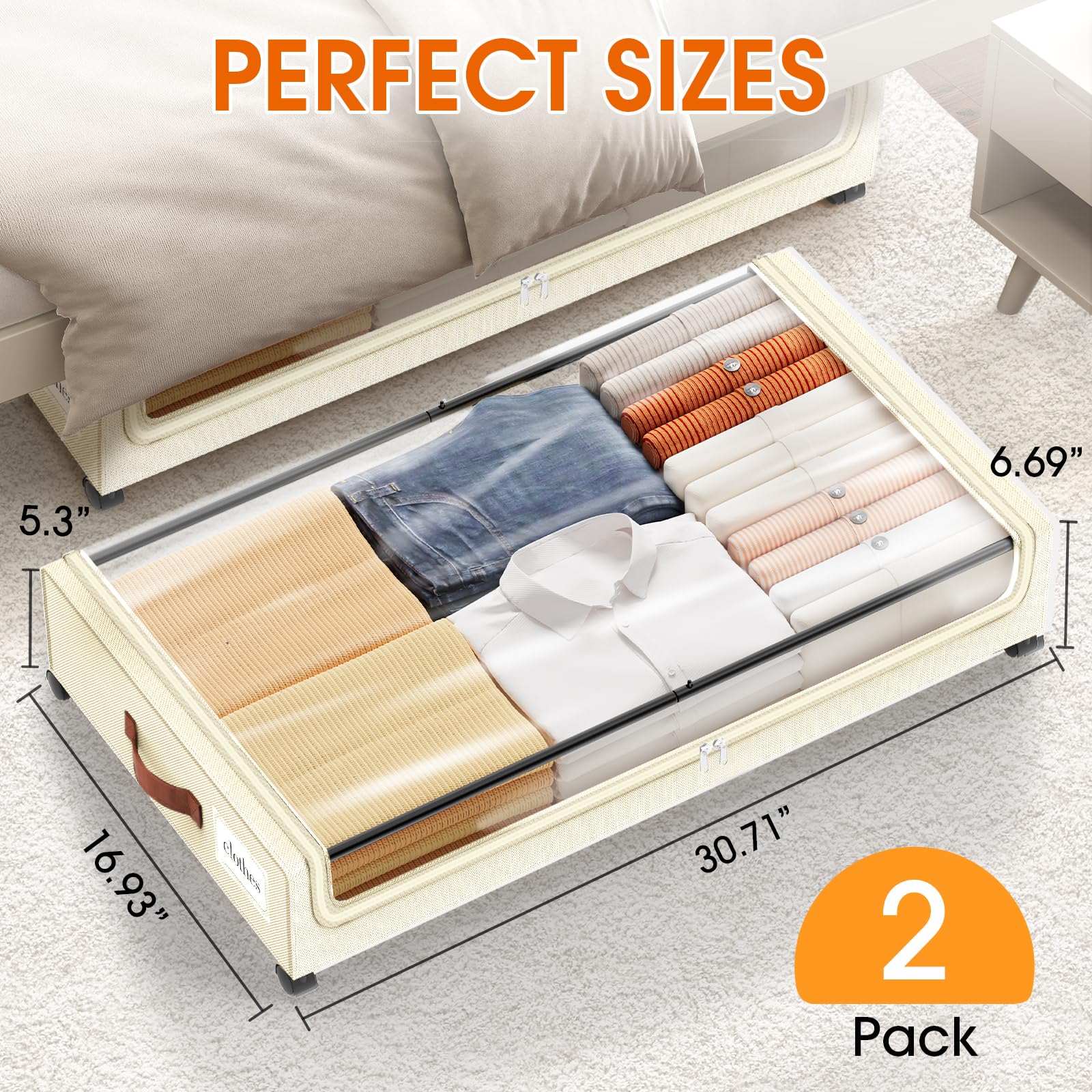 SpaceHacks under-bed storage with clear window and label for quick item identification.