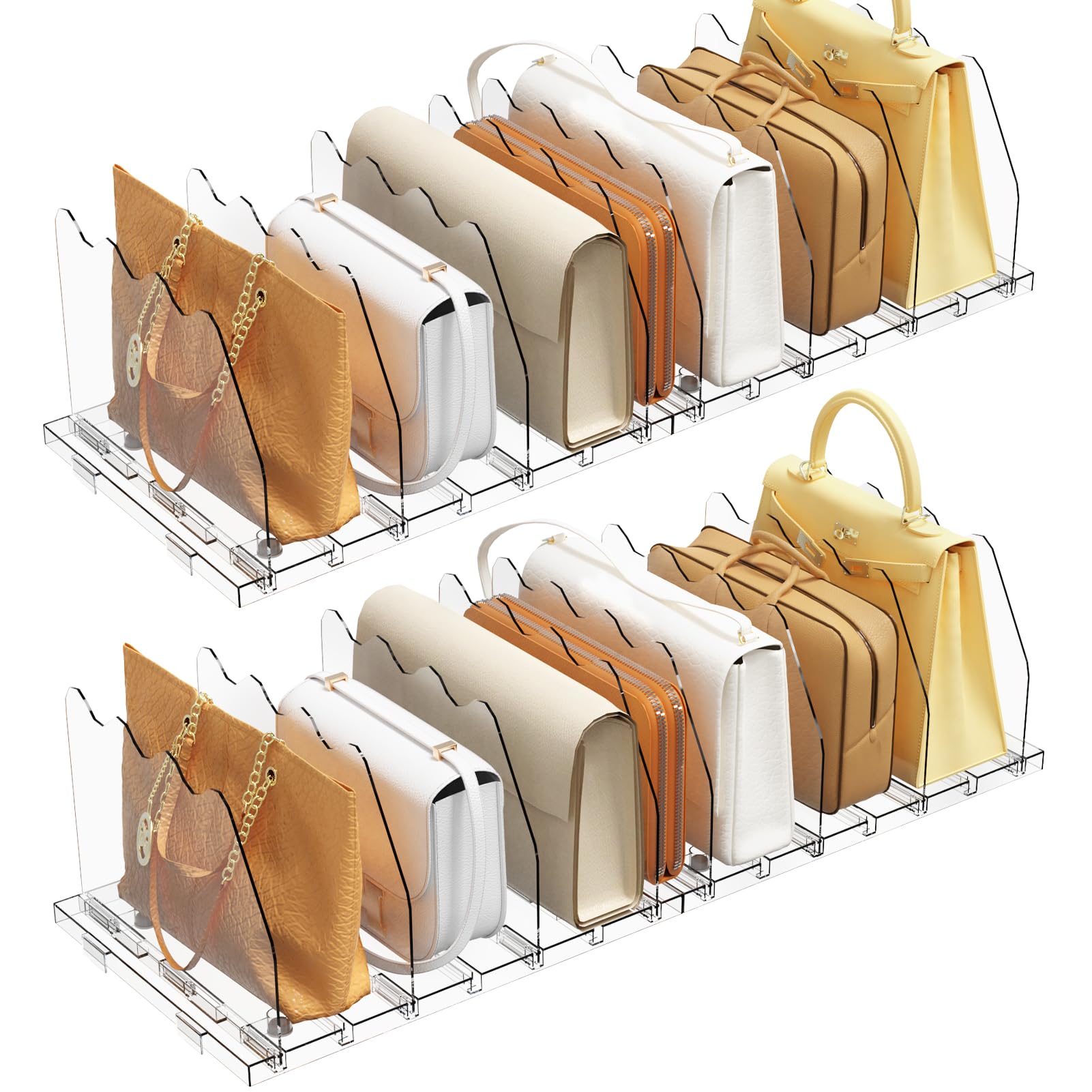 SpaceKEEPER adjustable shelf divider in a tidy closet for easy purse visibility