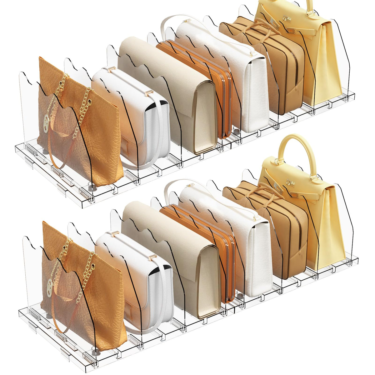 SpaceKEEPER adjustable shelf divider in a tidy closet for easy purse visibility