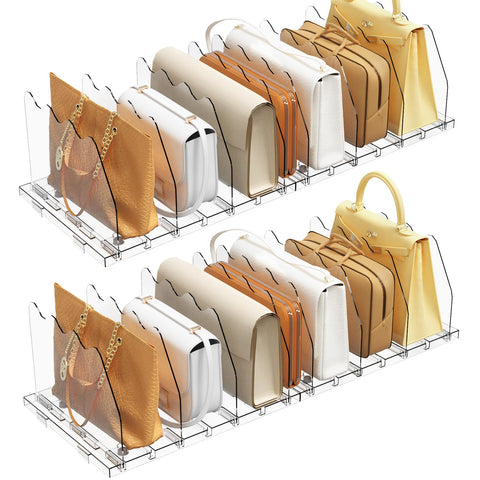 SpaceKEEPER adjustable shelf divider in a tidy closet for easy purse visibility