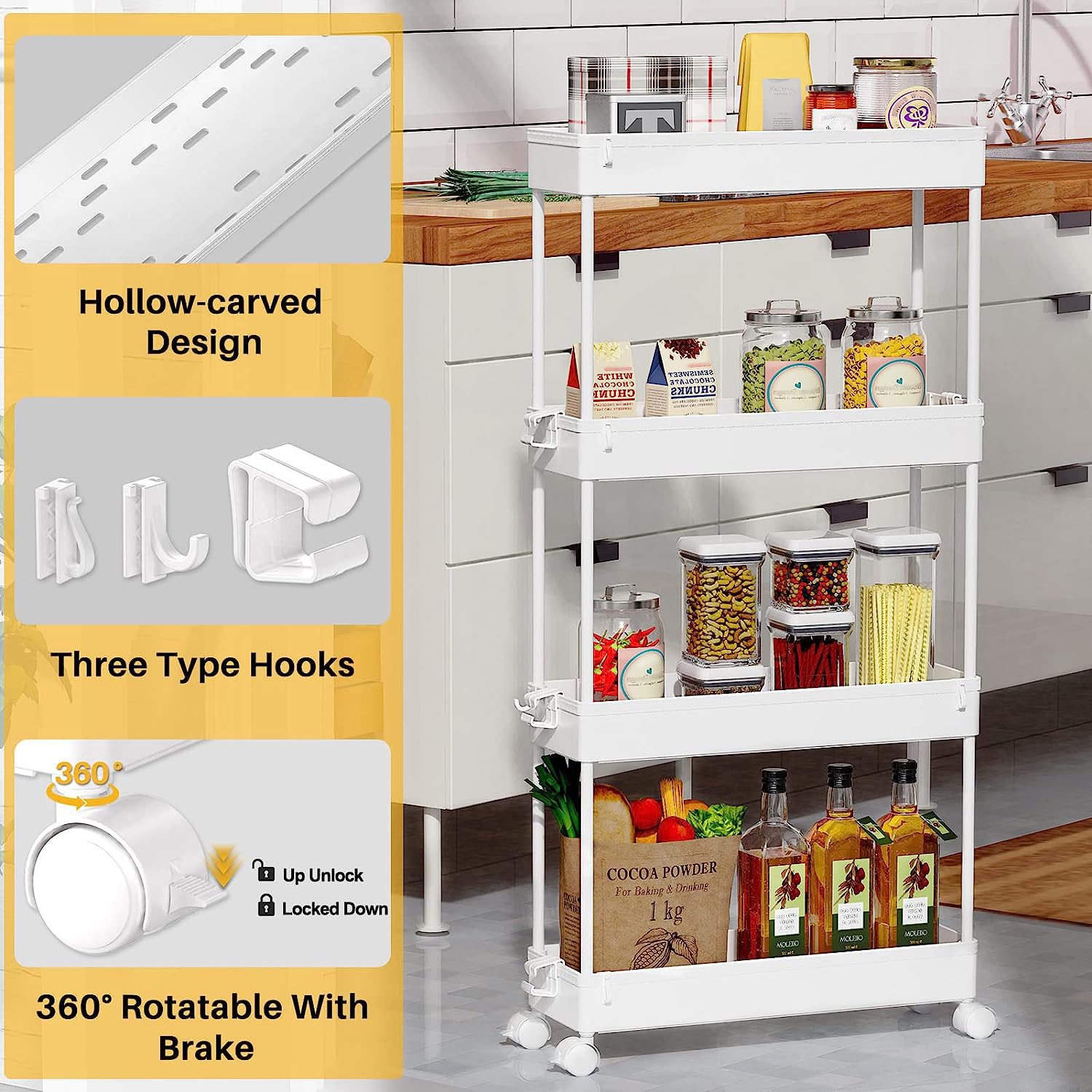 SPACEKEEPER cart beside kitchen counter boosts pantry organization.