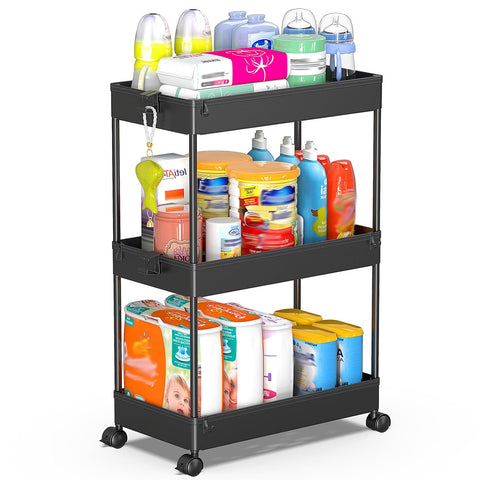 SPACEKEEPER rolling storage cart 3-tier front view highlights compact design for small spaces.