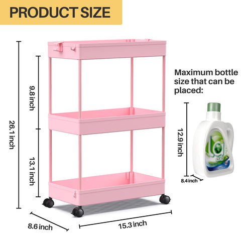 SPACEKEEPER rolling storage cart 3-tier pink with adjustable shelves for versatile use.