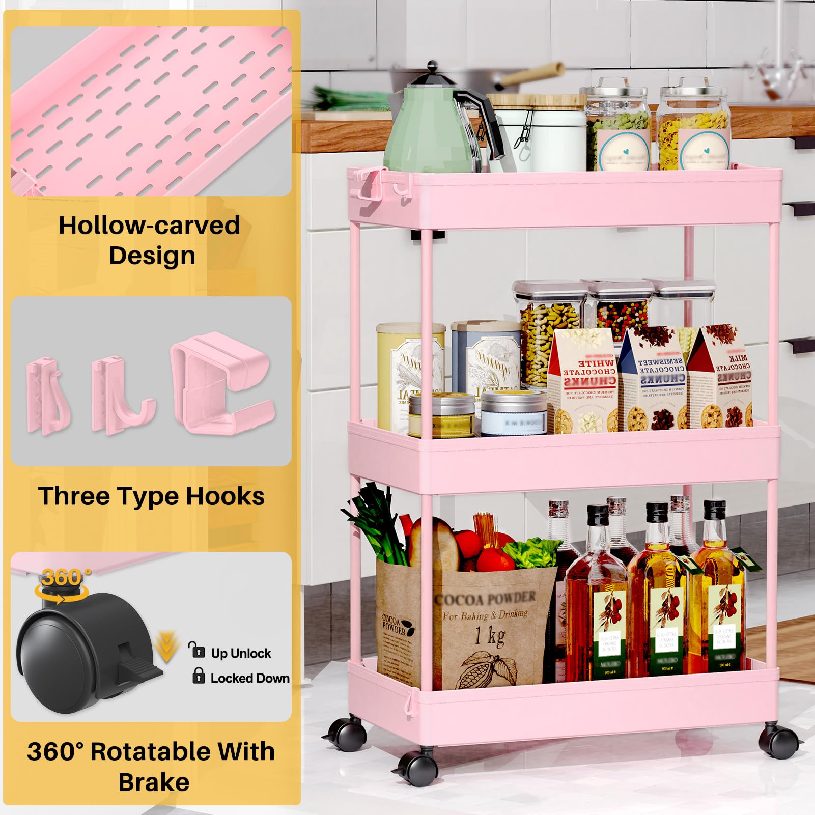 SPACEKEEPER rolling storage cart 3-tier pink with easy snap assembly for quick setup.
