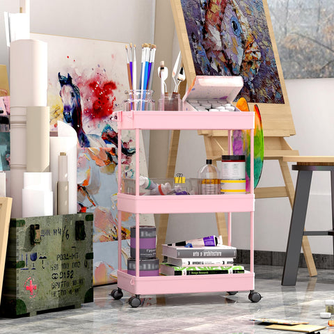 SPACEKEEPER rolling storage cart 3-tier pink in kitchen, ideal for pantry organization.
