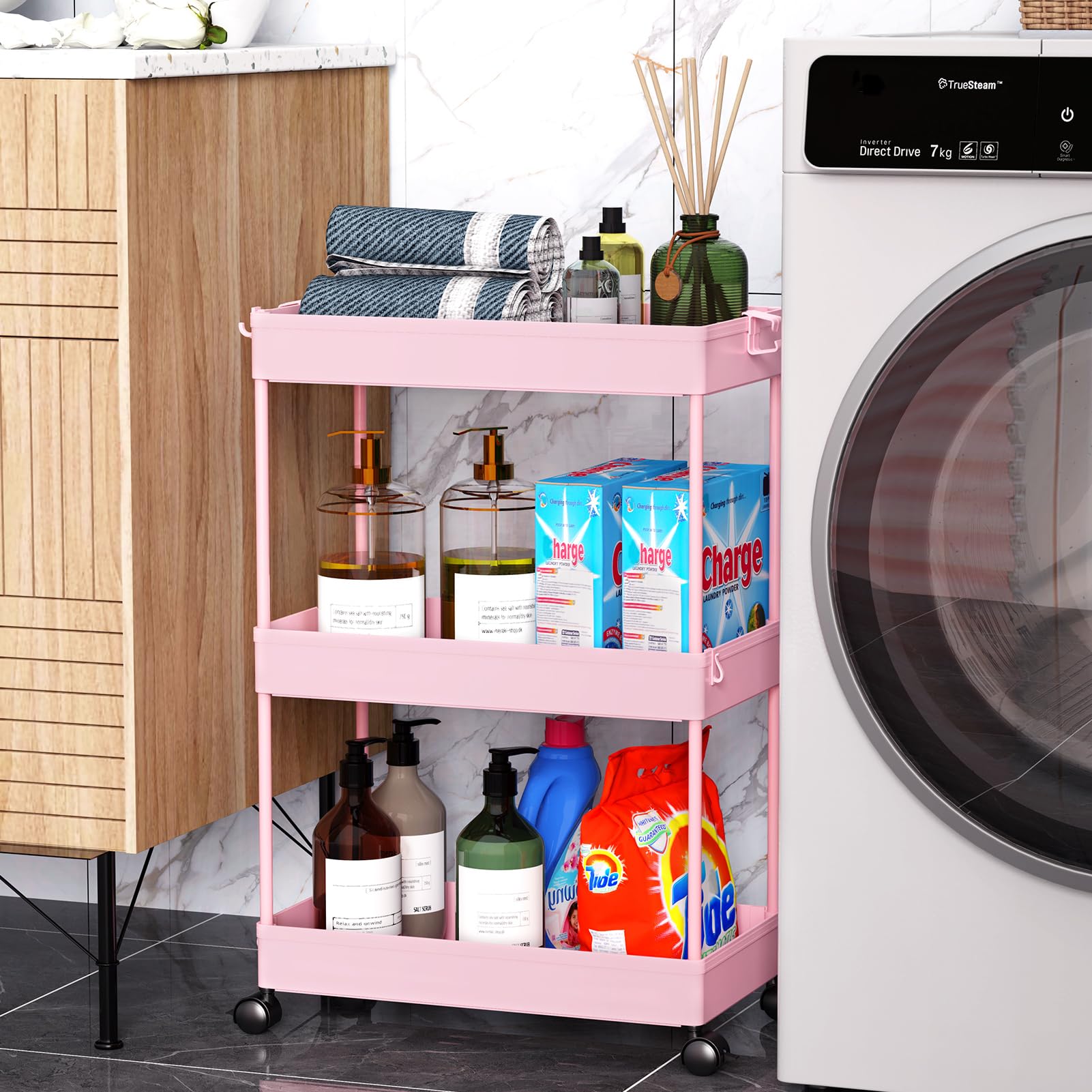 SPACEKEEPER rolling storage cart 3-tier pink with side hoops for extra storage.