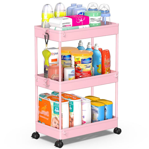 SPACEKEEPER rolling storage cart 3-tier pink side view, compact and versatile for small spaces.