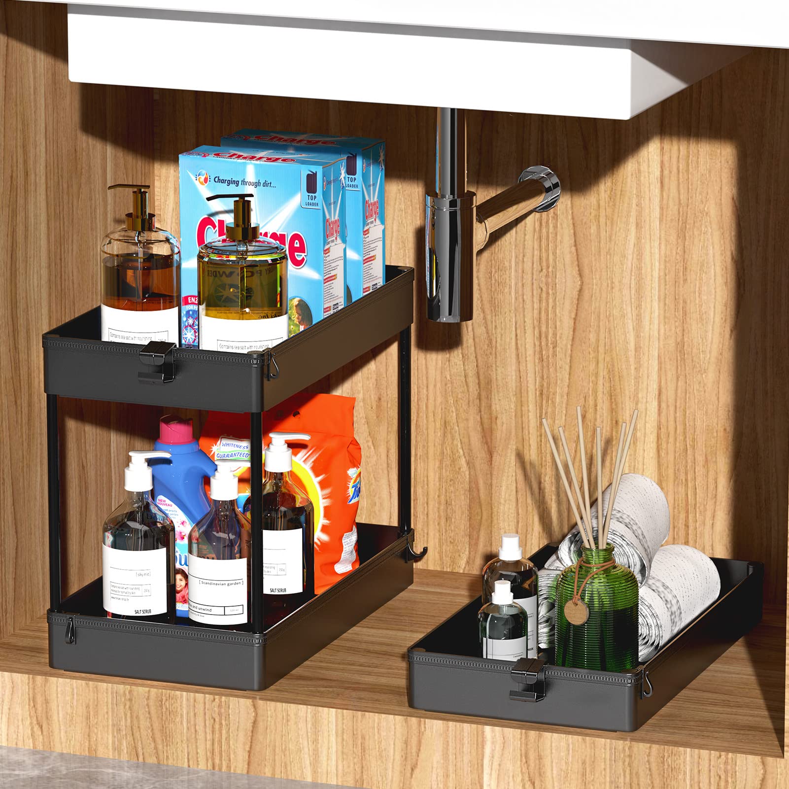 SPACEKEEPER rolling storage cart on countertop shows adjustable shelves for versatile use.