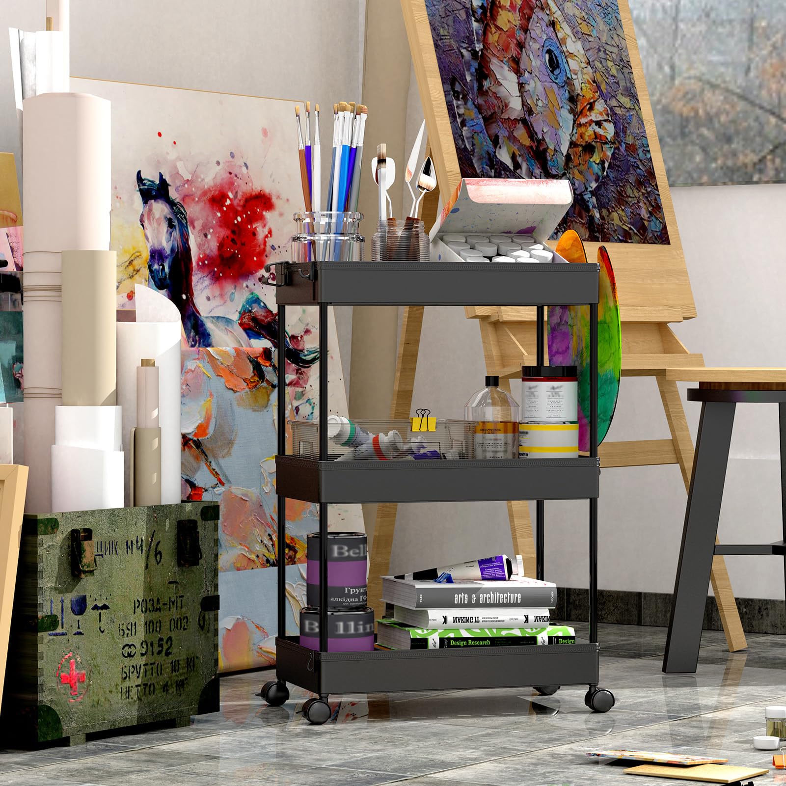 SPACEKEEPER rolling storage cart in an office setup demonstrates cross-space versatility.