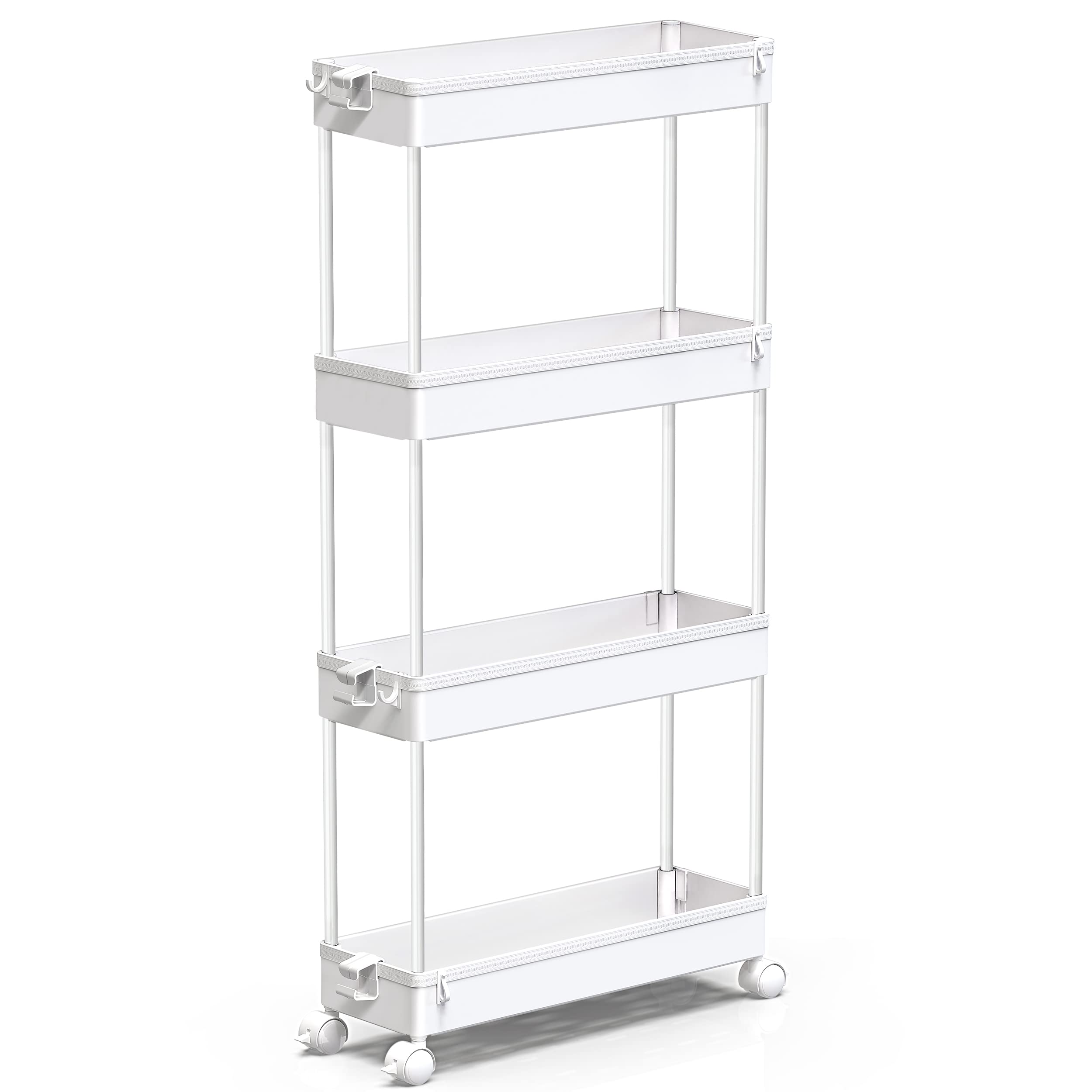SPACEKEEPER Slim rolling cart in white, compact 4-tier design for tight spaces.