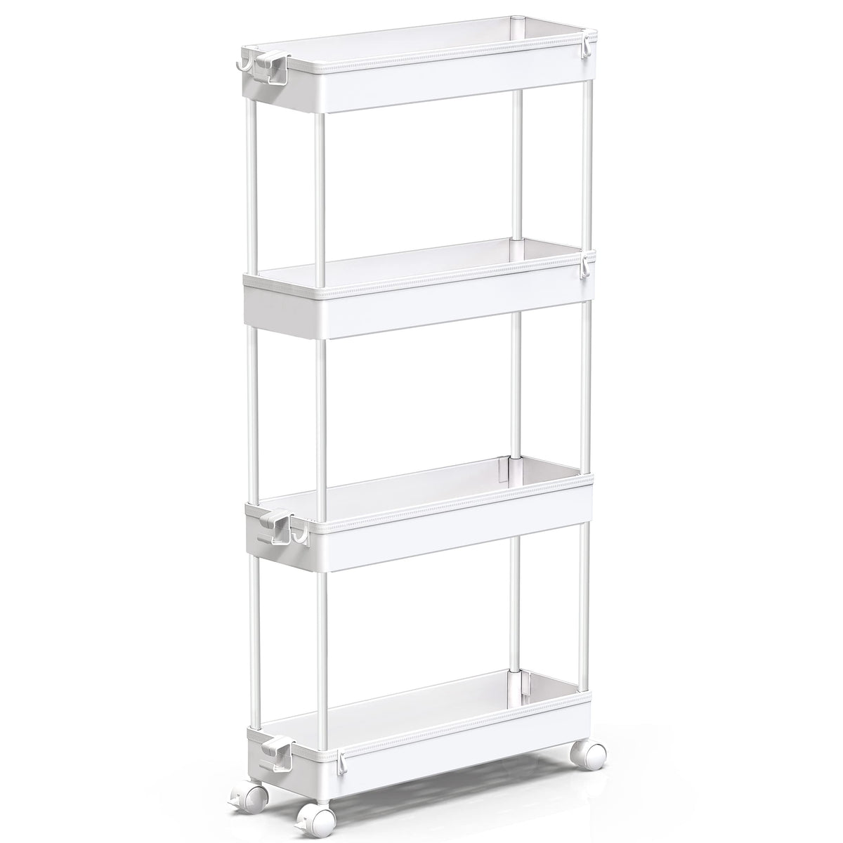 SPACEKEEPER Slim rolling cart in white, compact 4-tier design for tight spaces.