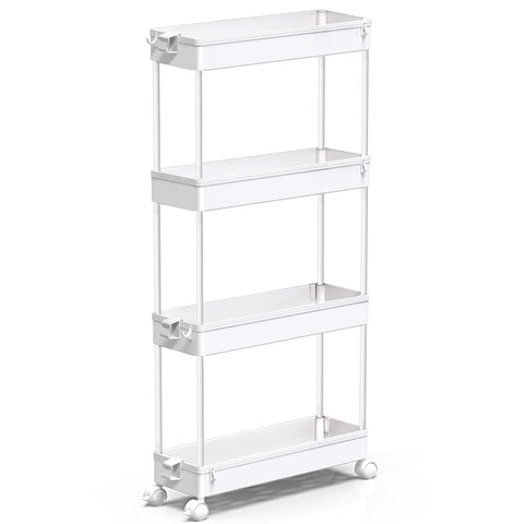SPACEKEEPER Slim rolling cart in white, compact 4-tier design for tight spaces.