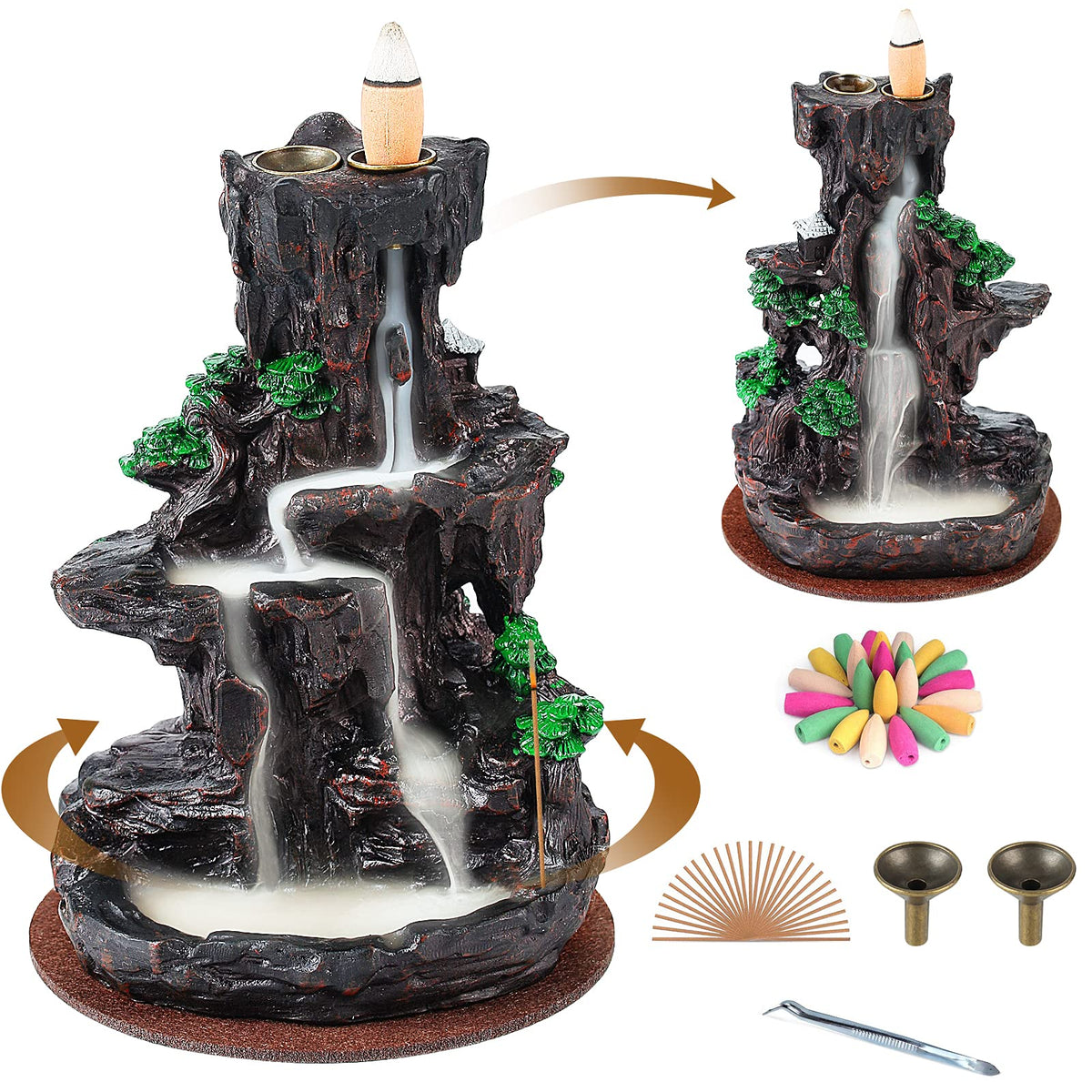 SpaceKEEPER two-sided waterfall incense burner creating dual smoke effects for calming ambiance.